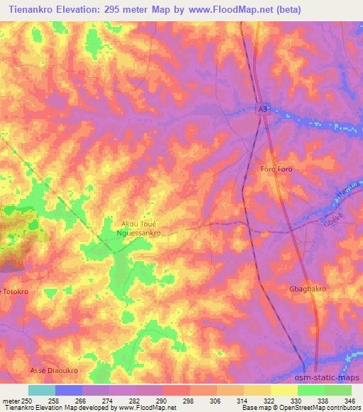 Tienankro,Ivory Coast Elevation Map
