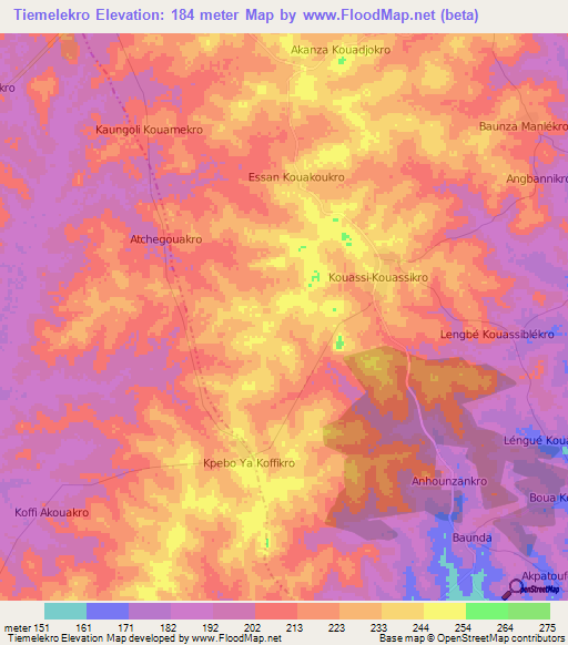 Tiemelekro,Ivory Coast Elevation Map