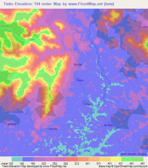 Tieko,Ivory Coast Elevation Map