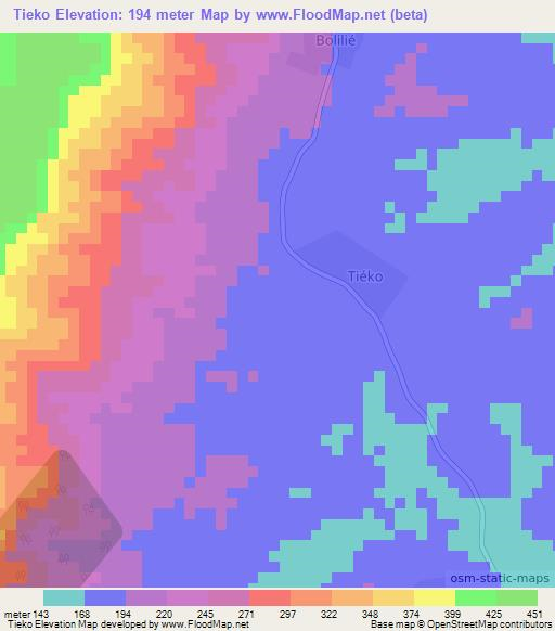 Tieko,Ivory Coast Elevation Map