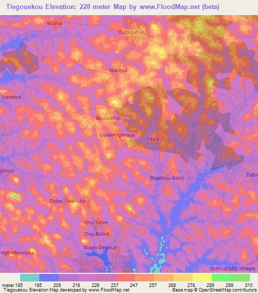 Tiegouekou,Ivory Coast Elevation Map