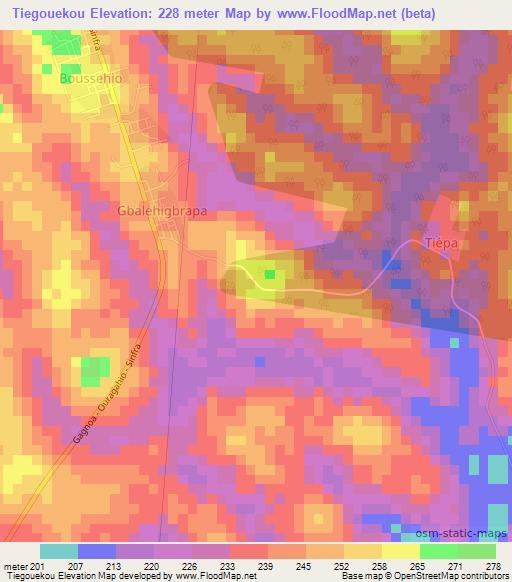Tiegouekou,Ivory Coast Elevation Map