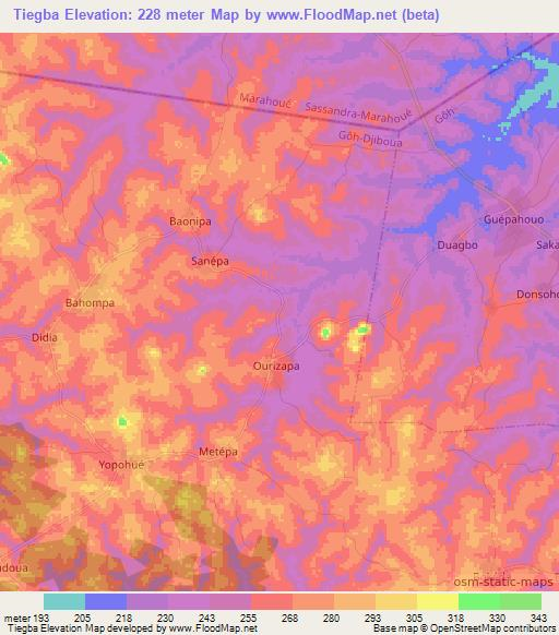 Tiegba,Ivory Coast Elevation Map