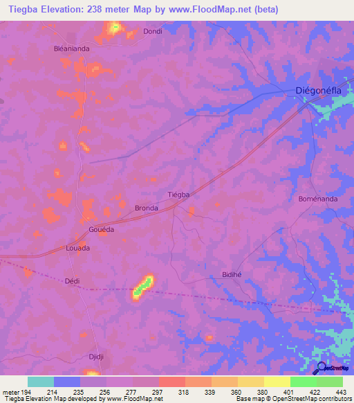 Tiegba,Ivory Coast Elevation Map