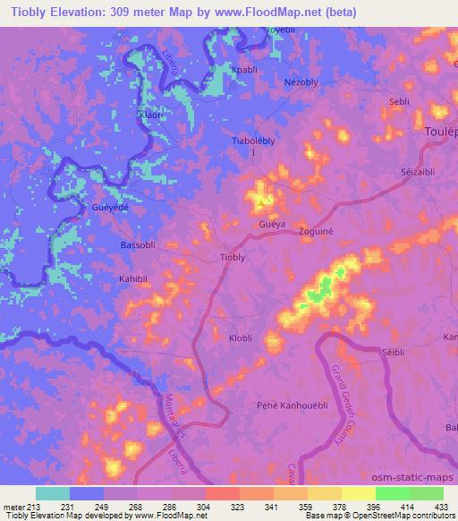 Tiobly,Ivory Coast Elevation Map