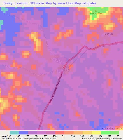 Tiobly,Ivory Coast Elevation Map