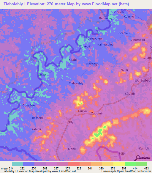 Tiabolebly I,Ivory Coast Elevation Map