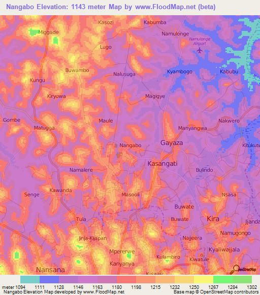 Nangabo,Uganda Elevation Map