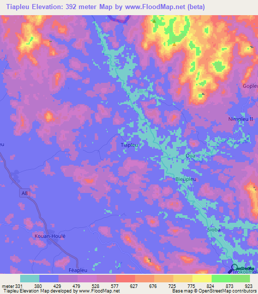 Tiapleu,Ivory Coast Elevation Map