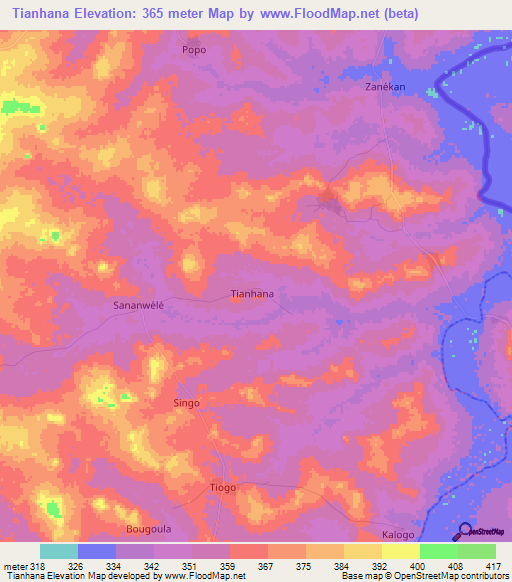 Tianhana,Ivory Coast Elevation Map