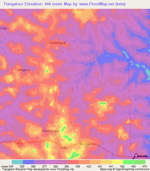 Tiangaloro,Ivory Coast Elevation Map