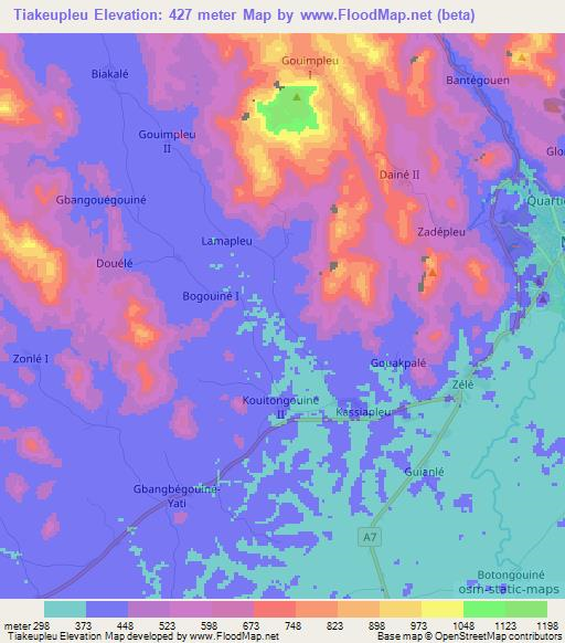 Tiakeupleu,Ivory Coast Elevation Map