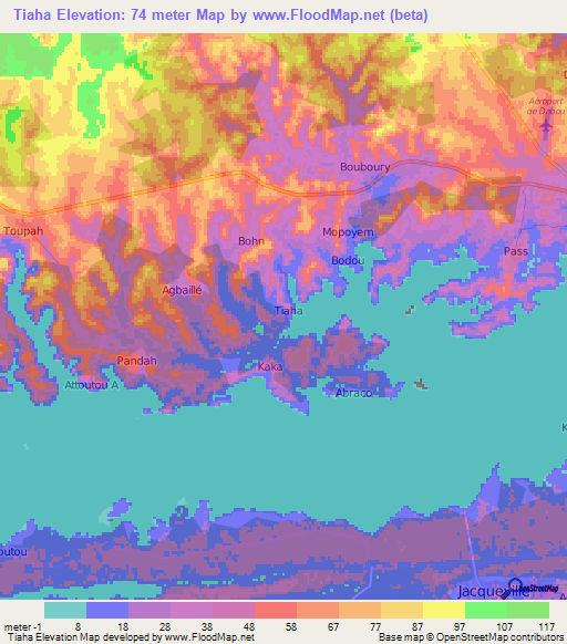 Tiaha,Ivory Coast Elevation Map