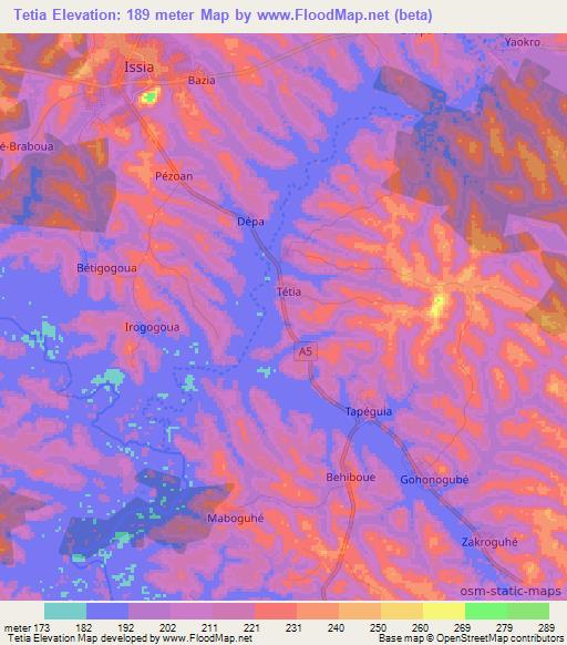 Tetia,Ivory Coast Elevation Map