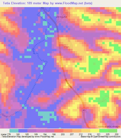 Tetia,Ivory Coast Elevation Map