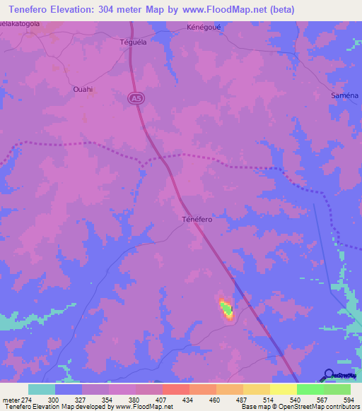 Tenefero,Ivory Coast Elevation Map