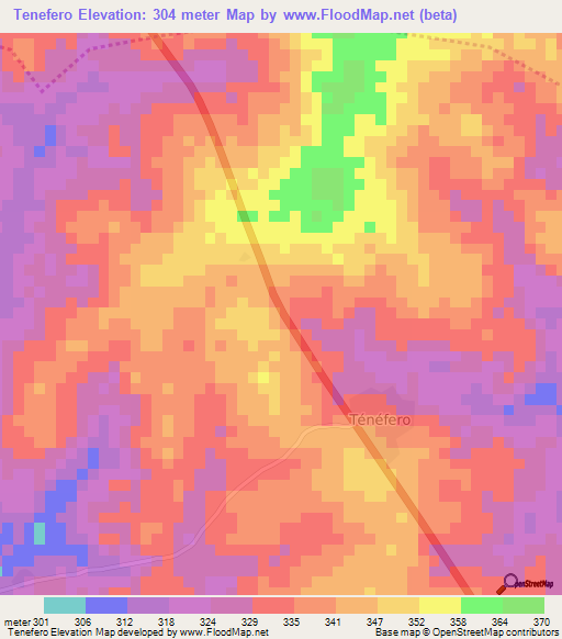 Tenefero,Ivory Coast Elevation Map
