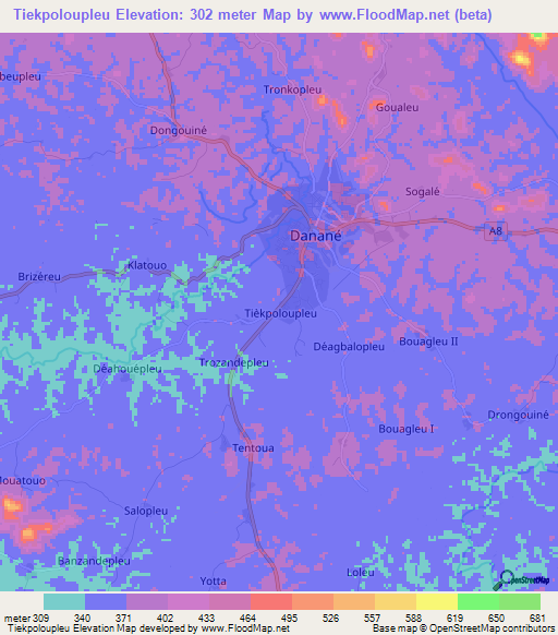 Tiekpoloupleu,Ivory Coast Elevation Map