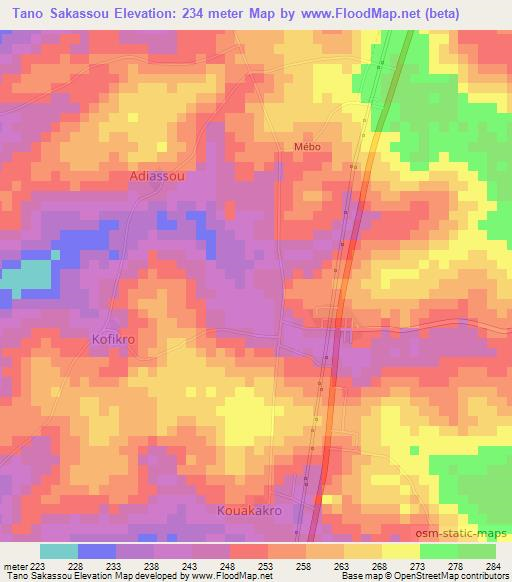 Tano Sakassou,Ivory Coast Elevation Map