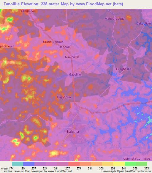 Tanolilie,Ivory Coast Elevation Map