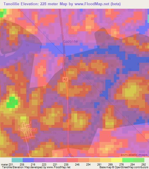 Tanolilie,Ivory Coast Elevation Map
