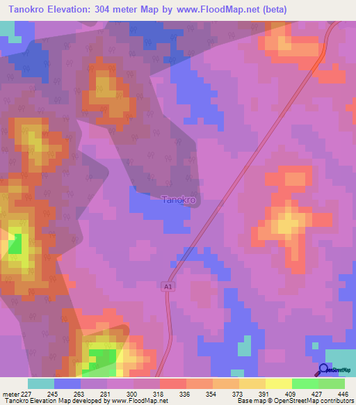 Tanokro,Ivory Coast Elevation Map