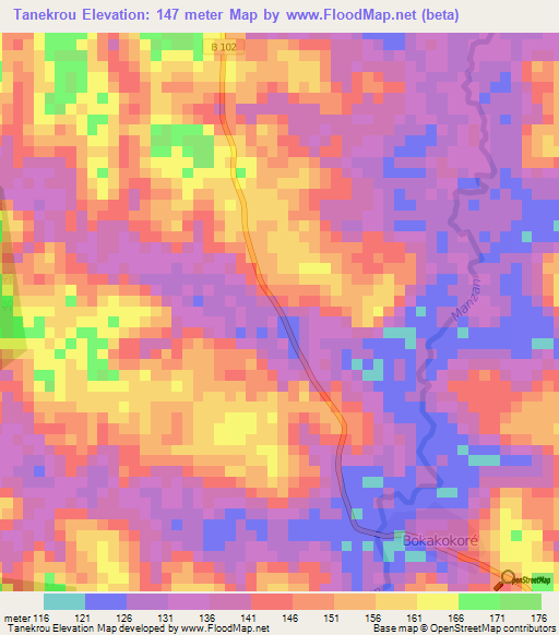 Tanekrou,Ivory Coast Elevation Map