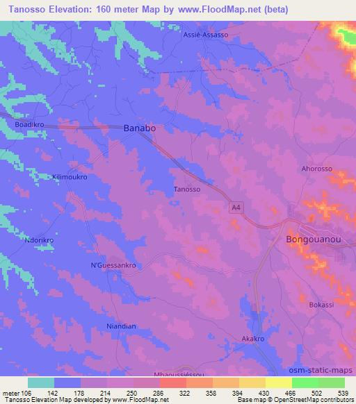 Tanosso,Ivory Coast Elevation Map