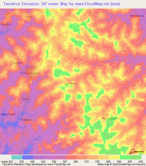 Tamafrou,Ivory Coast Elevation Map
