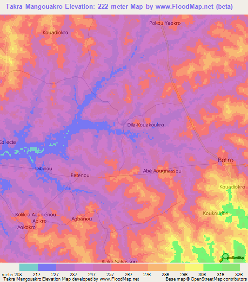 Takra Mangouakro,Ivory Coast Elevation Map