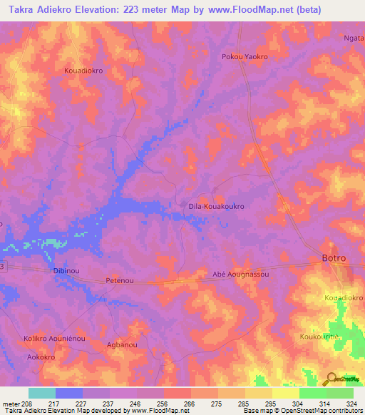 Takra Adiekro,Ivory Coast Elevation Map