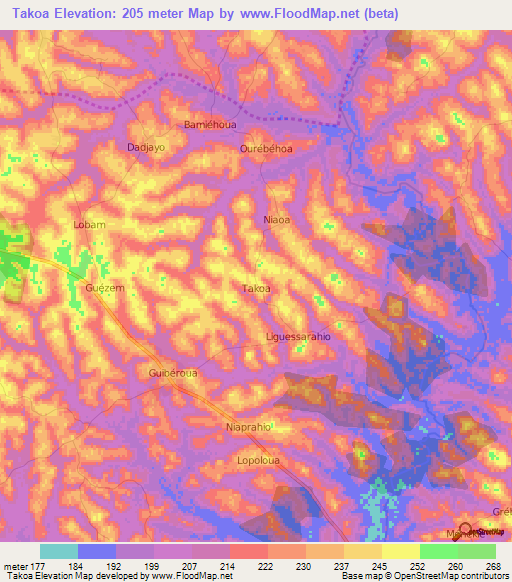Takoa,Ivory Coast Elevation Map