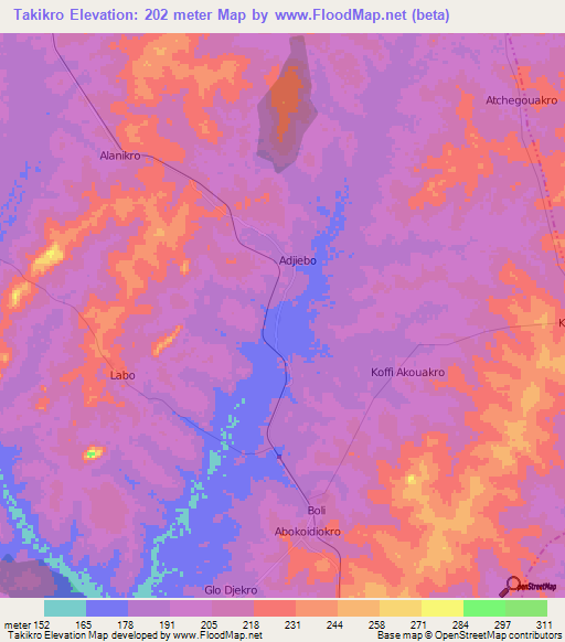 Takikro,Ivory Coast Elevation Map