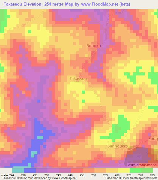 Takassou,Ivory Coast Elevation Map