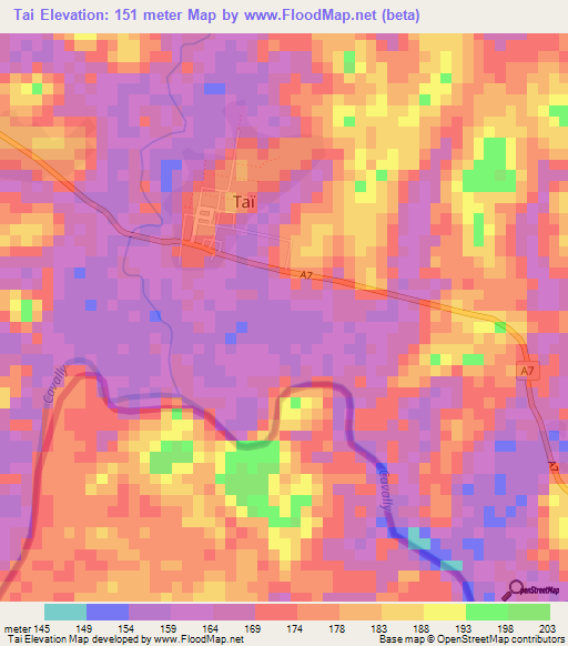 Tai,Ivory Coast Elevation Map