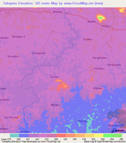 Tahapleu,Ivory Coast Elevation Map