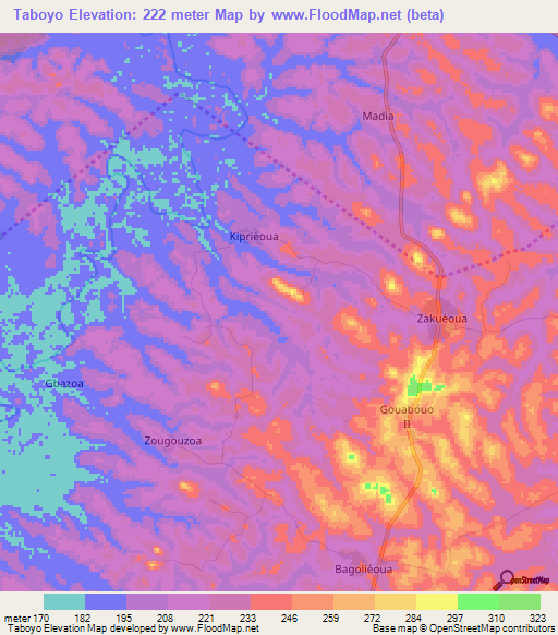 Taboyo,Ivory Coast Elevation Map