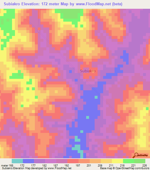 Subiakro,Ivory Coast Elevation Map