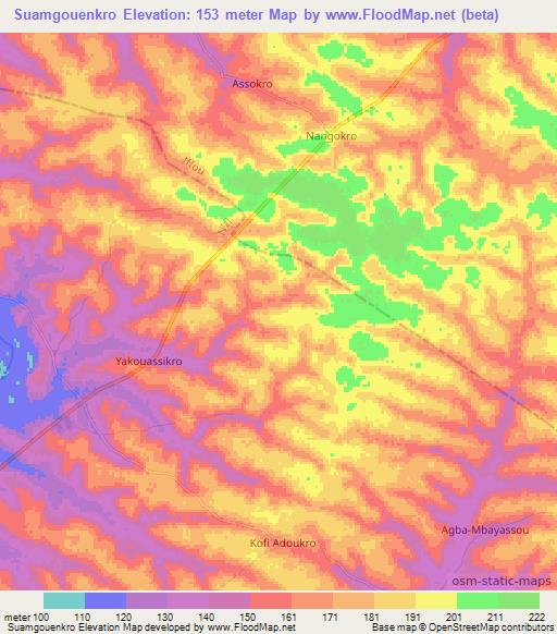 Suamgouenkro,Ivory Coast Elevation Map