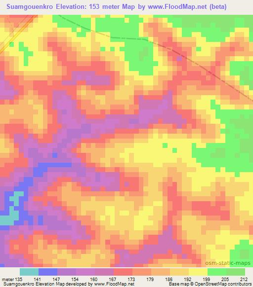 Suamgouenkro,Ivory Coast Elevation Map