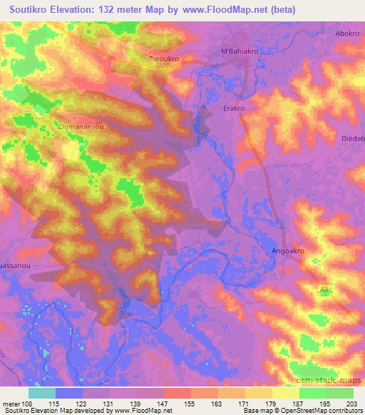 Soutikro,Ivory Coast Elevation Map