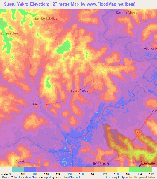 Sussu Yakro,Ivory Coast Elevation Map