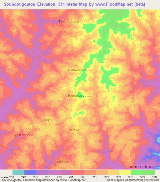 Soundougoutou,Ivory Coast Elevation Map