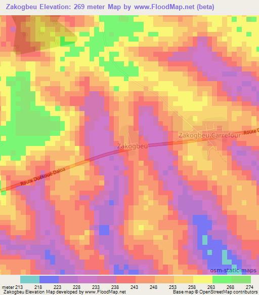 Zakogbeu,Ivory Coast Elevation Map