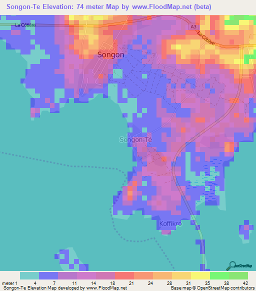 Songon-Te,Ivory Coast Elevation Map