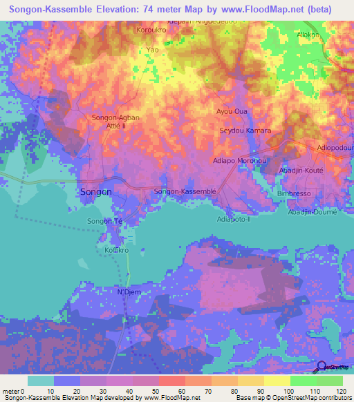 Songon-Kassemble,Ivory Coast Elevation Map
