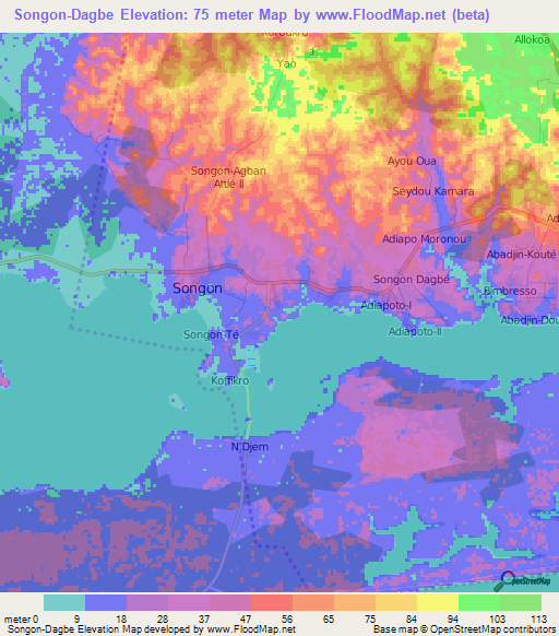 Songon-Dagbe,Ivory Coast Elevation Map
