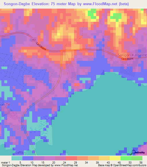 Songon-Dagbe,Ivory Coast Elevation Map