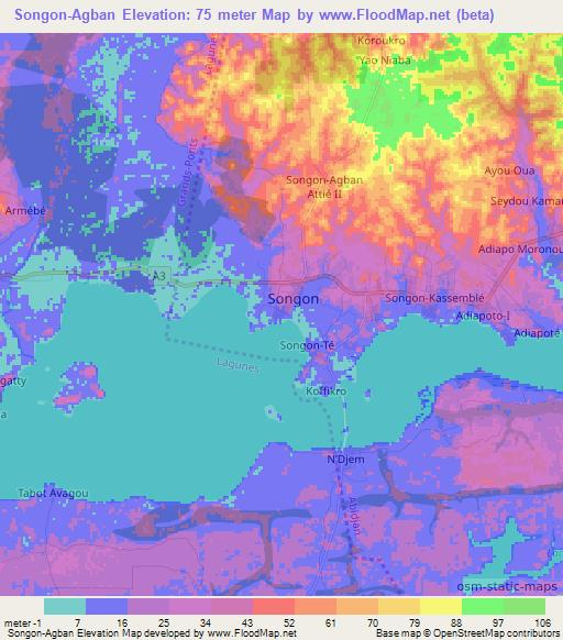 Songon-Agban,Ivory Coast Elevation Map