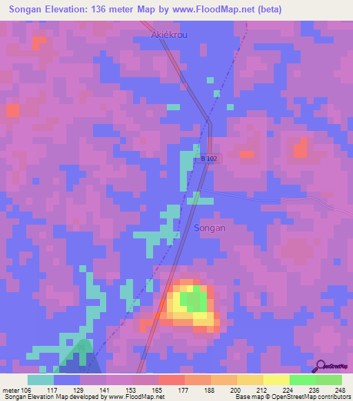 Songan,Ivory Coast Elevation Map